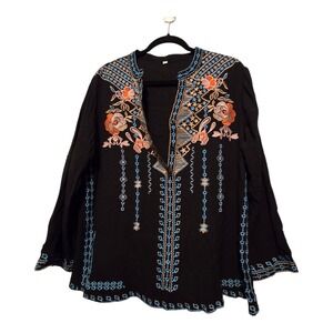 Embroidered Floral Blouse Tunic Top Womens LG Black Mexican Boho Festival